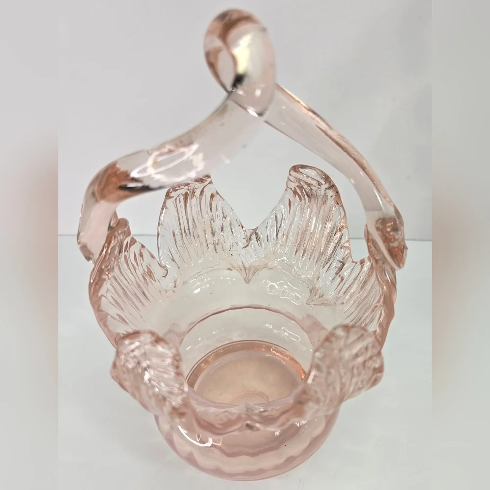 Vintage Art Glass Bonbonniere Basket Dish Pink Cloud 7" Tall - Picture 3 of 7